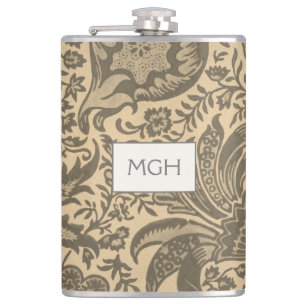 Antikes William Morris Sepia Botanisches Monogramm Flachmann