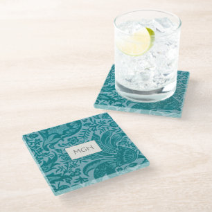 Antikes William Morris Teal Botanisches Monogramm Glasuntersetzer