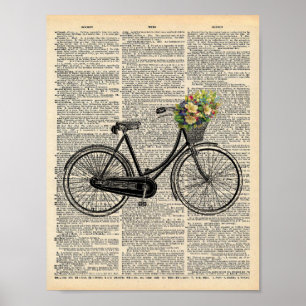 Antikes Wörterbuch-Wandkunst-Fahrrad mit Blumen Poster