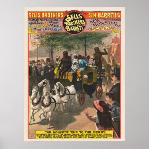 Antikes Zirkusplakat einer von einem Affen gefahre Poster