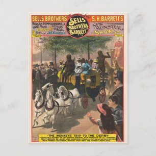Antikes Zirkusplakat einer von einem Affen gefahre Postkarte