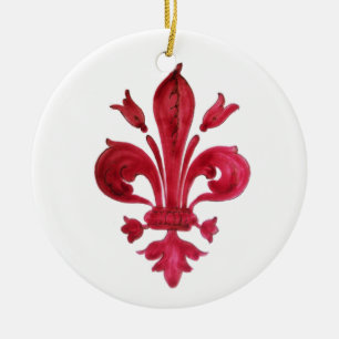 ANTIKROTES ROTES LILIEN-WAPPEN IN WEISS Heraldisch Keramik Ornament