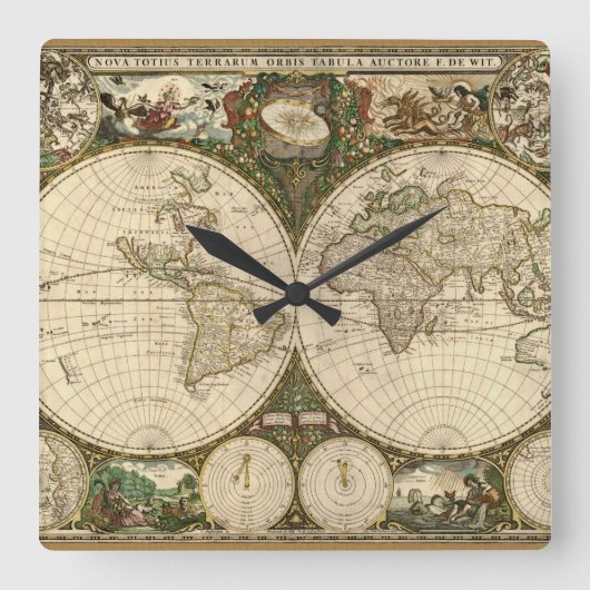 Antique 1660 World Map by Frederick de Wit Quadratische Wanduhr (Vorderseite)