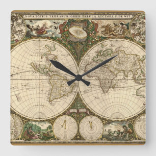 Antique 1660 World Map by Frederick de Wit Quadratische Wanduhr