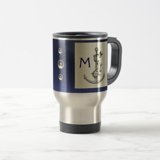 ANTIQUE ANCHOR & FISH NAUTICAL Navy Blue Monogram Reisebecher (VorderseiteRechts)