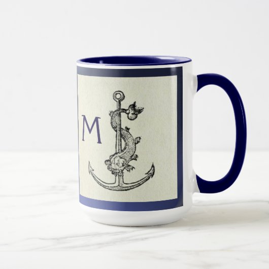 ANTIQUE ANCHOR & FISH NAUTICAL Navy Blue Monogram Tasse (Rechts)
