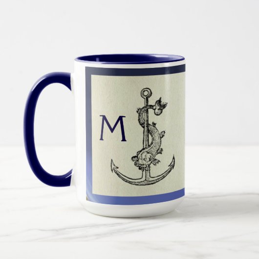 ANTIQUE ANCHOR & FISH NAUTICAL Navy Blue Monogram Tasse (Links)