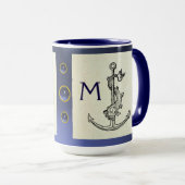 ANTIQUE ANCHOR & FISH NAUTICAL Navy Blue Monogram Tasse (VorderseiteRechts)
