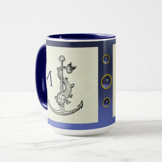 ANTIQUE ANCHOR & FISH NAUTICAL Navy Blue Monogram Tasse (Vorderseite Links)