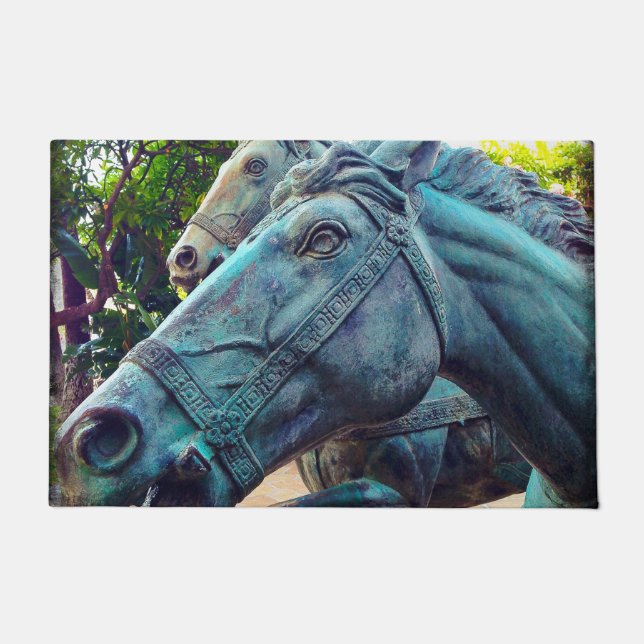 Antique Asian Türkise Blue Horse Statue Foto Fußmatte (Vorderseite)