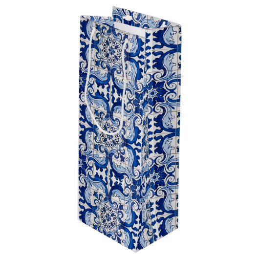 Antique Azulejo Tile Blumenmuster Geschenktüte Für Weinflaschen (Vorderseite Schrägansicht)