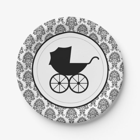 Antique Baby Carriage Elegante Damask | Babyparty Pappteller (Vorderseite)