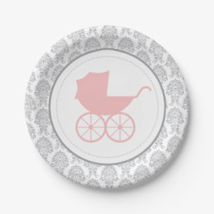 Antique Baby Carriage Elegante Damask Babyparty Pappteller