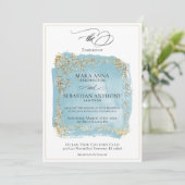 *~* Antique Blue Abstrakt Gold Glitzer Hochzeit Einladung (Stehend Vorderseite)