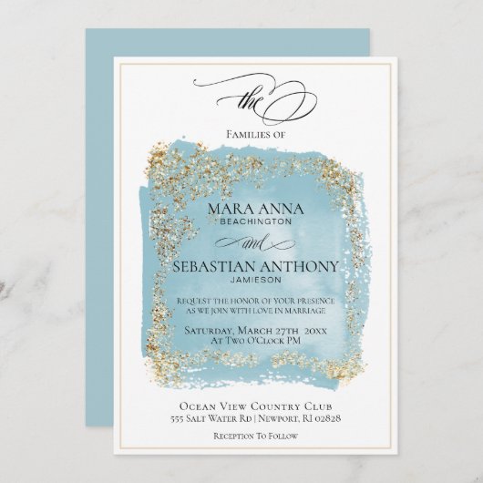 *~* Antique Blue Abstrakt Gold Glitzer Hochzeit Einladung (Vorne/Hinten)
