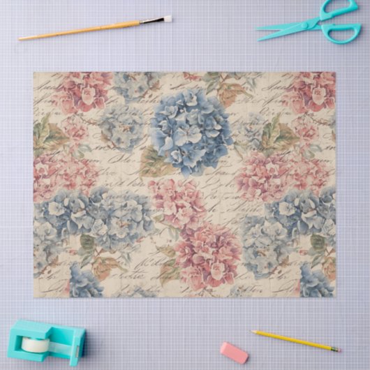 Antique Blue and Pink Hydrangea Ephemera Script Seidenpapier (Basteln)