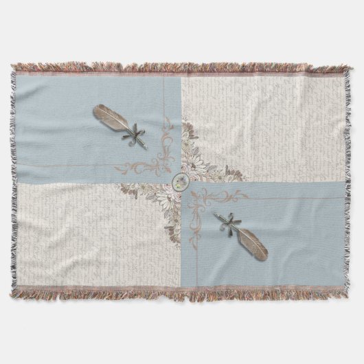 Antique Blue Classic Manuscript Woven Fringe Decke (Vorderseite)