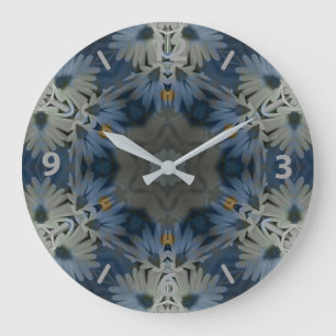 Antique Blue Daisy Floral Große Wanduhr