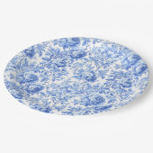 Antique Blue French Toile Roses Floral Paper Plate Pappteller (Schrägansicht)
