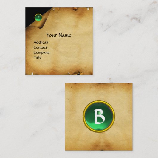 ANTIQUE BROWN PARCHMENT, GREEN GEM STONE MONOGRAM QUADRATISCHE VISITENKARTE (Vorne/Hinten)