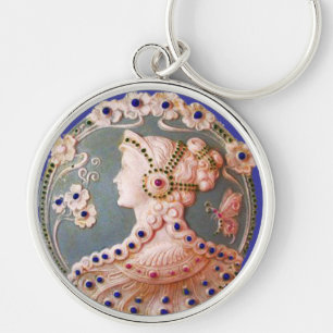 ANTIQUE CAMEO / LADY MIT SCHALTFLÄCHE UND BLUME SCHLÜSSELANHÄNGER