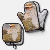 Antique Child Picking - Blume Ofenhandschuh & Topflappen-Set (Vorderseite/Rückseite)