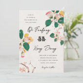 Antique Chinese Blossoms Double Happiness Wedding Einladung (Stehend Vorderseite)