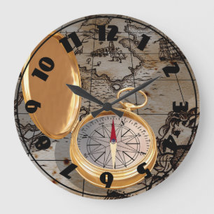 Antique Compass On A Map Clock Große Wanduhr
