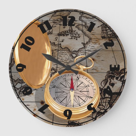 Antique Compass On A Map Clock Große Wanduhr (Vorderseite)