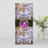 ANTIQUE-DAMASK-MONOGRAM, Schwarz-weiß lila, Gold Einladung (Stehend Vorderseite)