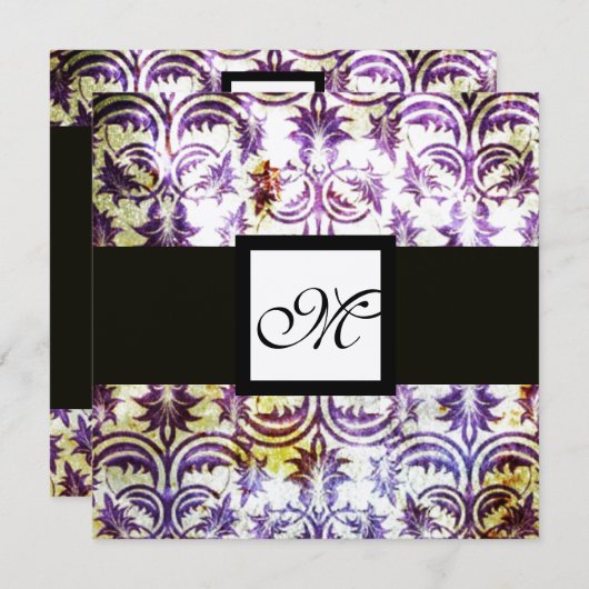 ANTIQUE-DAMASK-MONOGRAM, Schwarz-weiß lila, Gold Einladung (Vorne/Hinten)
