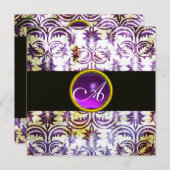 ANTIQUE-DAMASK-MONOGRAMM,Schwarz-weiß lila,silber Einladung (Vorne/Hinten)