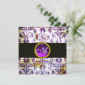 ANTIQUE-DAMASK-MONOGRAMM,Schwarz-weiß lila,silber Einladung (Stehend Vorderseite)