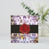 ANTIQUE DAMASK ROTES WAX SIEGEL MONOGRAM,lila,silb Einladung (Stehend Vorderseite)