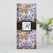 ANTIQUE DAMASK SQUARE MONOGRAM, lila, schwarz, wei Einladung (Stehend Vorderseite)