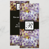 ANTIQUE DAMASK SQUARE MONOGRAM, lila, schwarz, wei Einladung (Vorne/Hinten)