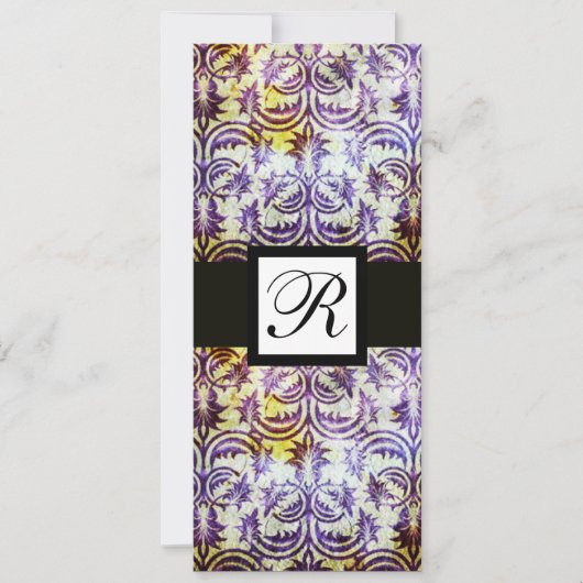 ANTIQUE DAMASK SQUARE MONOGRAM, lila, schwarz, wei Einladung (Vorderseite)