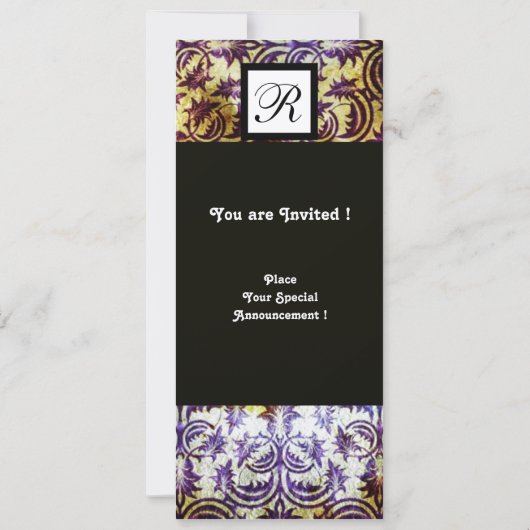 ANTIQUE DAMASK SQUARE MONOGRAM, schwarz lila, gold Einladung (Rückseite)