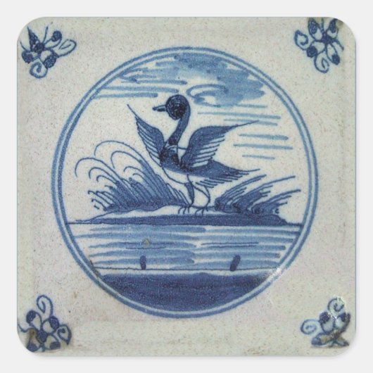 Antique Delft Blue Tile - Ente im Wasser Quadratischer Aufkleber (Vorderseite)