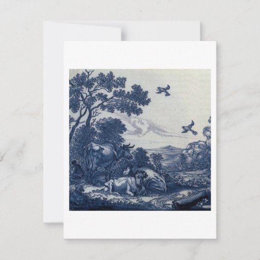 Antique Delft Blue Tile - Rinder und Vögel Einladung (Vorderseite)