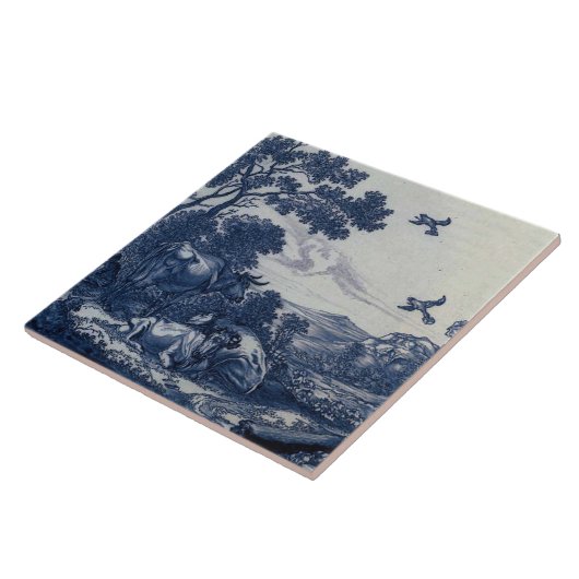 Antique Delft Blue Tile - Rinder und Vögel Fliese (Seite)