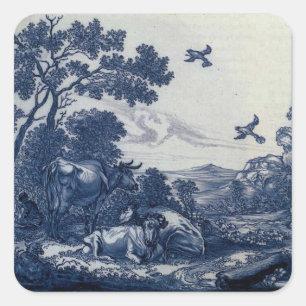 Antique Delft Blue Tile - Rinder und Vögel Quadratischer Aufkleber