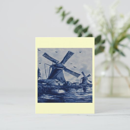 Antique Delft Blue Tile - Windmühlen am Wasser Einladung (Stehend Vorderseite)