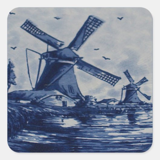 Antique Delft Blue Tile - Windmühlen am Wasser Quadratischer Aufkleber (Vorderseite)