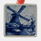 Antique Delft Blue Tile - Windmühlen am Wasser Silbernes Ornament (Vorne)