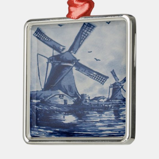 Antique Delft Blue Tile - Windmühlen am Wasser Silbernes Ornament (Links)