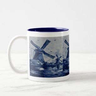 Antique Delft Blue Tile - Windmühlen am Wasser Zweifarbige Tasse