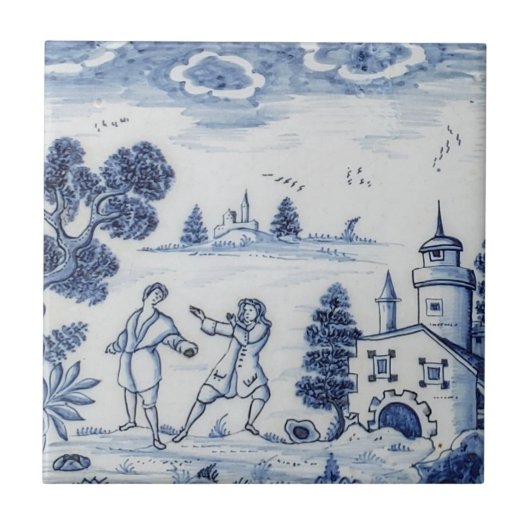 Antique Delft Tile-Pastoral Scene-Blue & White-4 Fliese (Vorderseite)