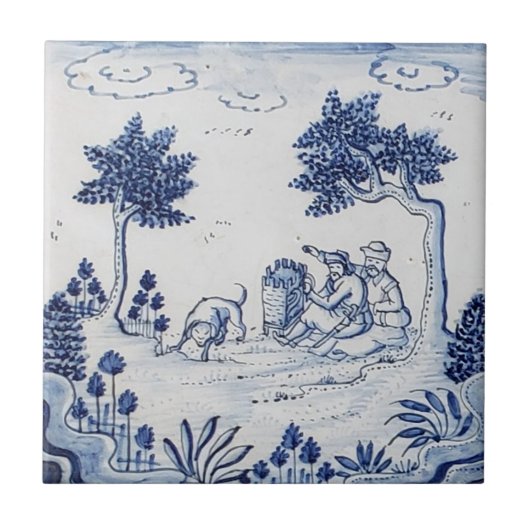 Antique Delft Tile-Pastoral Scene-Blue & White-6 Fliese (Vorderseite)