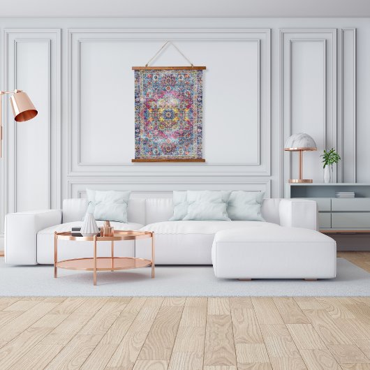 Antique Dirty Blue Fuchsia erschüttert Persisch Wandteppich Mit Holzrahmen